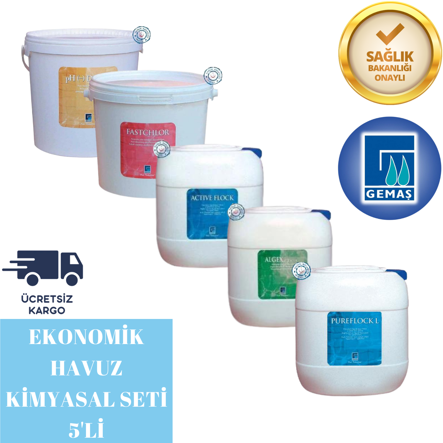 Gemaş Havuz Kimyasal Seti 5'li %90'lık Toz Klor ile