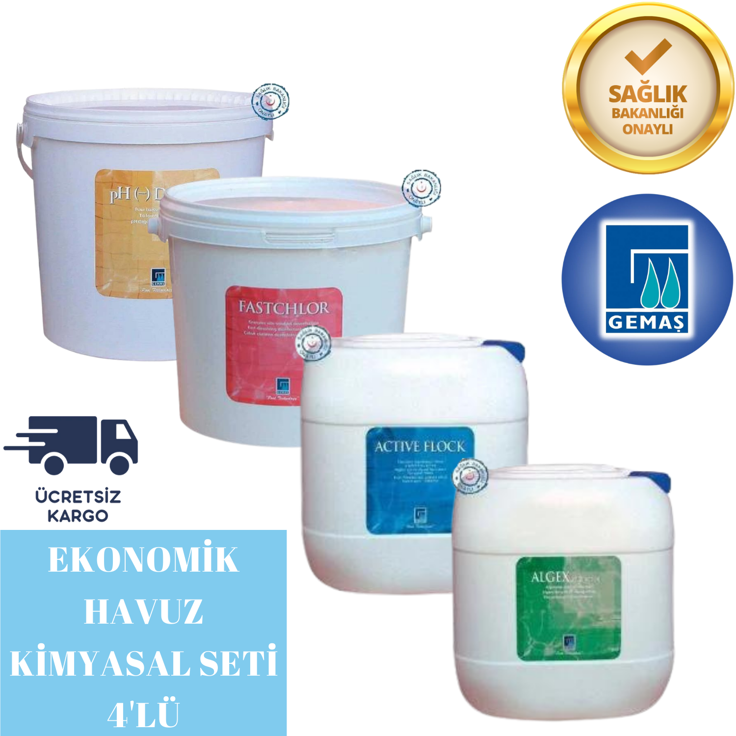 Gemaş Havuz Kimyasal Seti 4'lü %90'lık Toz Klor ile